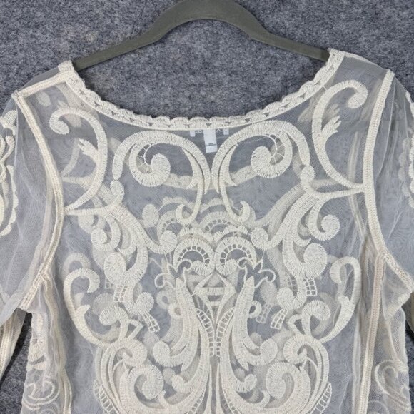 EXPRESS Cream Embroidered Mesh Y2K 2000s Cotton Babydoll Blouse Top Size Medium - Picture 11 of 13